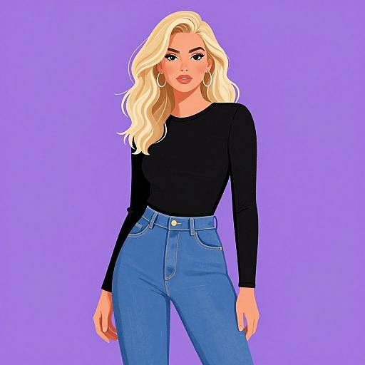 Digital illustration of a blonde woman with wavy hair, wearing a black long-sleeve top and high-waisted blue jeans, against a purple