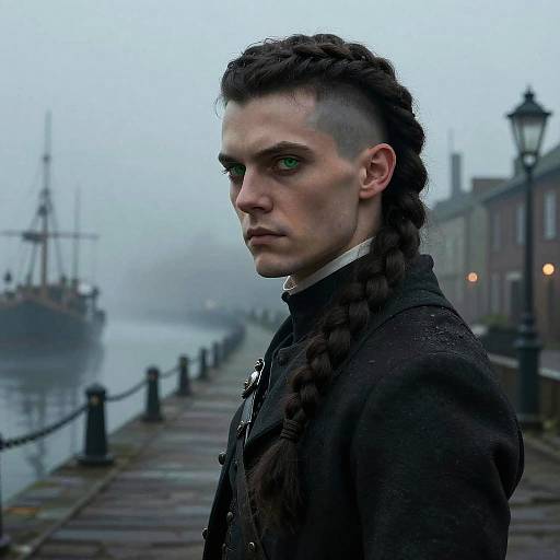 Pale Assassin with Dark Braid at Victorian Foggy Quay