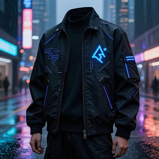 Neon Techwear Jacket in Cyberpunk Cityscape
