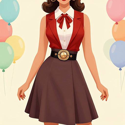 Digital illustration of a woman in a red blazer, white shirt with red ribbon, black skirt, and belt with circular buckle, surrounded by colorful balloons