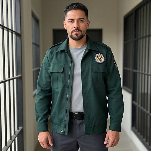 Photograph of a muscular, bearded man with short dark hair, wearing a dark green police jacket with badge, white shirt, and black pants,