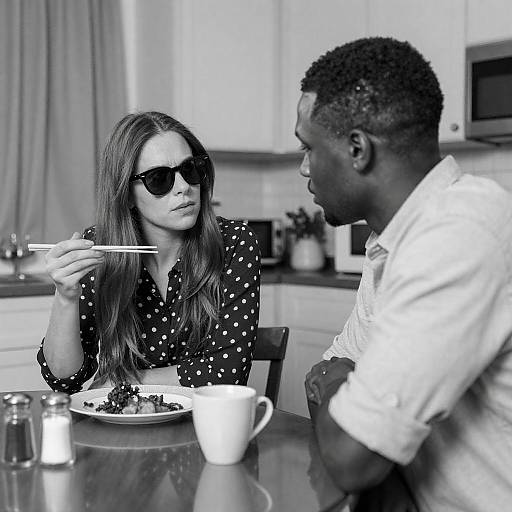 Black-and-White Photo of Two People Talking in Kitchen