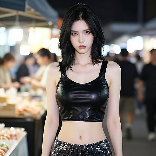 Photograph of an East Asian woman with black shoulder-length hair, wearing a black leather crop top and sequined black pants, standing at a brightly lit