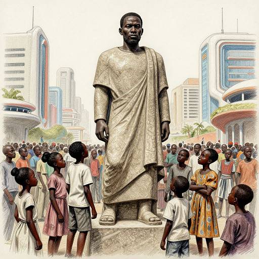 Hand-Drawn Statue in Futuristic Metropolis