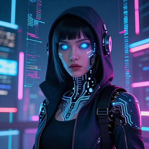 Cyberpunk portrait of a woman with glowing blue eyes, black bob haircut, and neon circuit patterns on her hood and shoulders, wearing headphones, set
