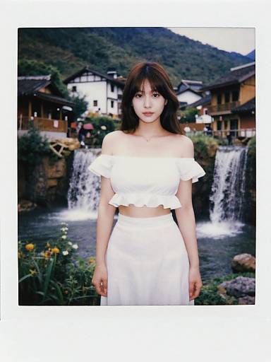 Photograph of an Asian woman with fair skin, black hair, wearing an off-shoulder white crop top and high-waisted white skirt,