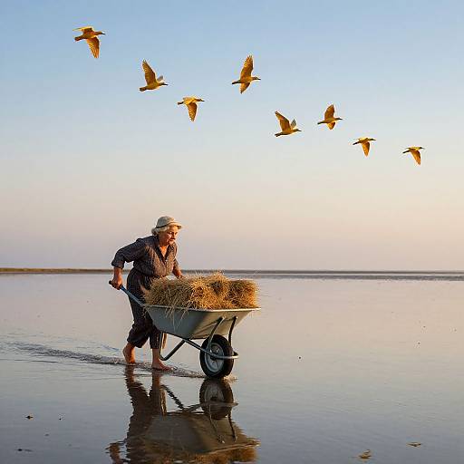 Photograph: Elderly man with hat, wearing dark clothes, pushes wheelbarrow with straw on wet beach; seven birds fly overhead against clear blue