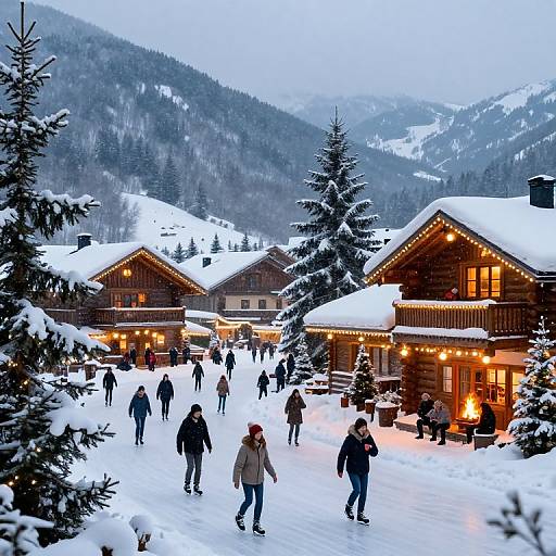 Photograph of a snowy mountain village with illuminated wooden chalets, people ice skating, surrounded by snow-covered pine trees and mountains.