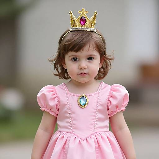 Photograph of a young girl with fair skin, brown wavy hair, wearing a pink dress, gold crown, and blue gem necklace, standing outdoors