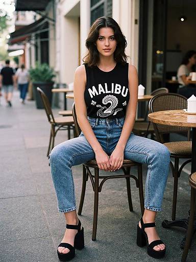 Photograph of a young woman with wavy brown hair, wearing a black 