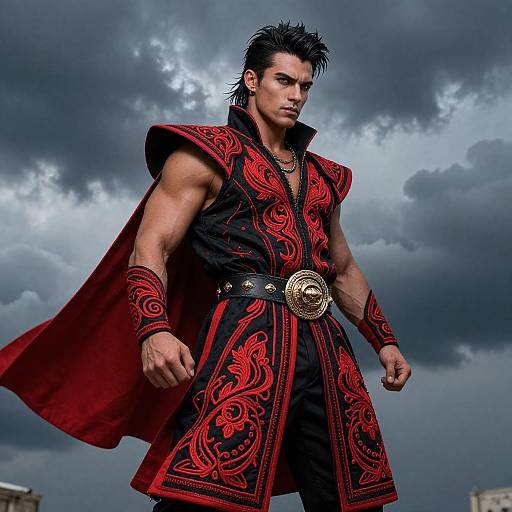Muscular man in ornate red and black medieval-style robe and cape, standing confidently under stormy sky, digital artwork.