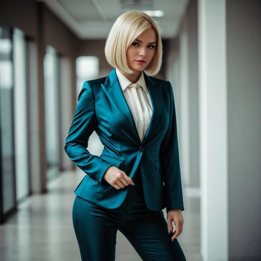 Blonde Woman in Teal Fitted Suit