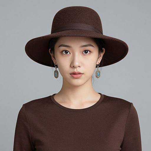 Photograph of an East Asian woman with fair skin, wearing a dark brown wide-brimmed hat, black top, and turquoise drop earrings, against