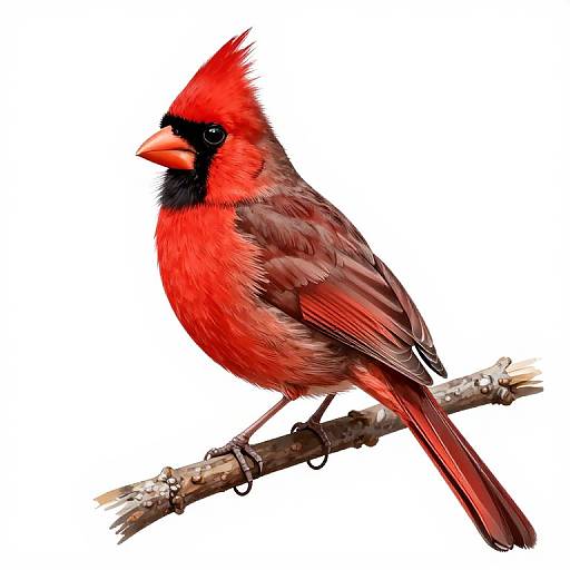 Photorealistic digital illustration of a vibrant red male cardinal with black face mask, perched on a weathered branch against a white background.