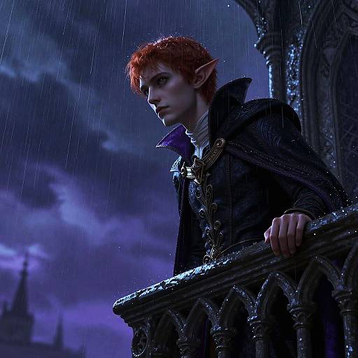Digital fantasy artwork of a red-haired elf with pointed ears, wearing a dark, ornate cloak, standing in rainy, gothic architecture at night.