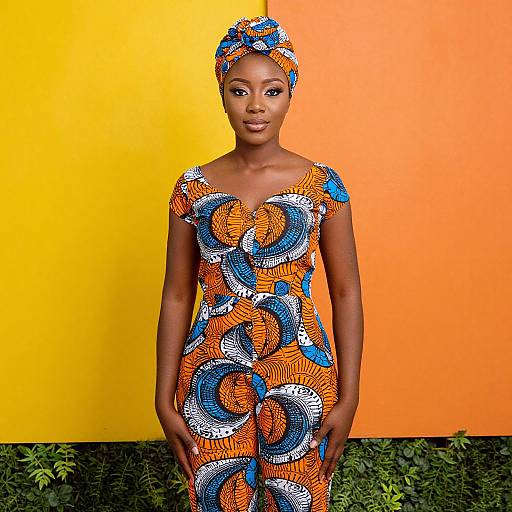 Photograph of an African woman in a vibrant, orange and blue patterned dress and matching headwrap, standing against a yellow and orange gradient background with