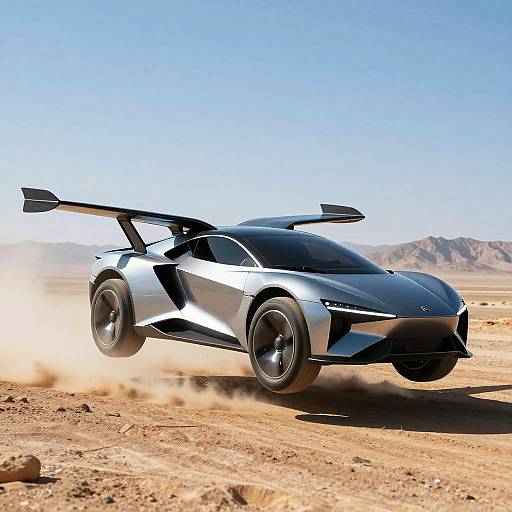 Futuristic Silver Blue Flying Car