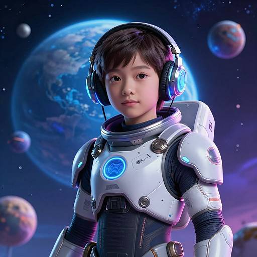 Photorealistic CGI of an Asian boy in futuristic space suit with blue glowing chest emblem, black headphones, standing in cosmic background with planets.