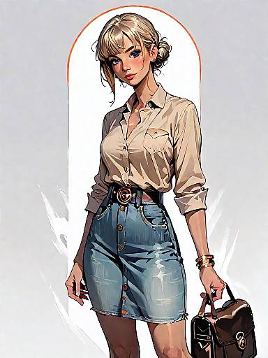 Realistic Comic Woman in Denim Dress