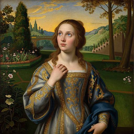 Renaissance-style painting of a fair-skinned, blue-eyed young woman with brown hair in an ornate blue and gold dress, standing in a