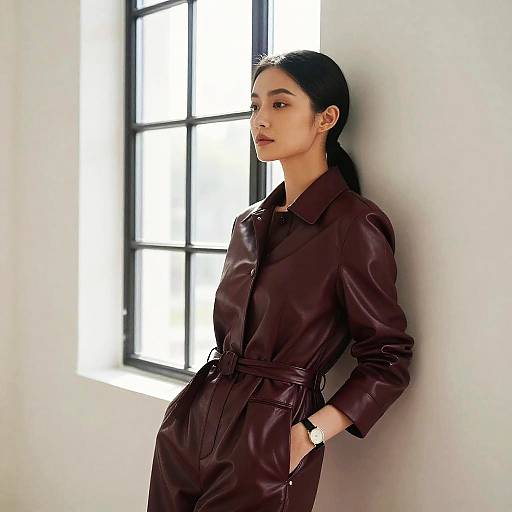 Poised Woman in Burgundy Leather Jacket