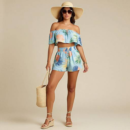 Photograph of a woman in a sunhat, off-shoulder tropical print romper, and high-waisted shorts, holding a woven bag