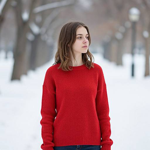 Photograph of a young woman with fair skin, brown hair, wearing a bright red knit sweater, standing in a snowy park.