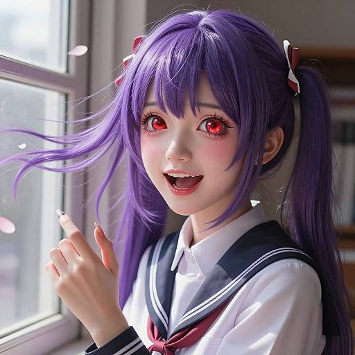 Digital anime-style portrait of a cute girl with long purple hair, red eyes, and a school uniform, smiling by a sunlit window.