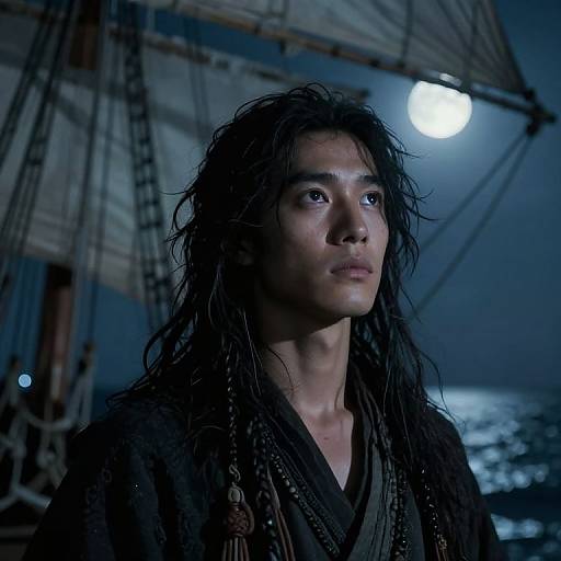 Mysterious Seafarer Under Moonlight