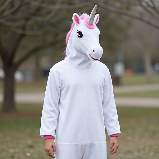 Photograph of a child wearing a white unicorn onesie with pink accents and a horn, standing outdoors in a park.