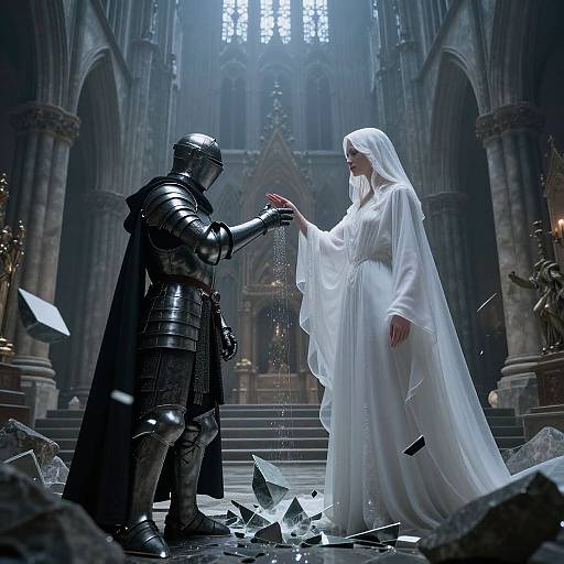 Photorealistic CGI: Armored knight in silver armor extends hand to veiled white-robed woman in grand, Gothic cathedral with shattered glass on steps