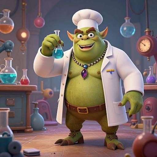 Digital cartoon of a green, chubby orc scientist in a white lab coat, hat, and necklace, holding a blue flask, standing in a cluttered