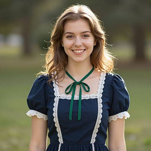 Photograph of a smiling young woman with light brown hair, wearing a dark blue dress with white lace trim and green ribbon, standing in a sunlit
