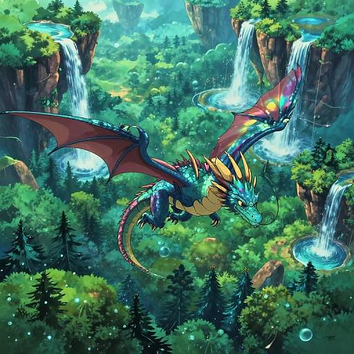 Digital painting of a vibrant, bioluminescent dragon with red wings soaring above a lush, forested canyon with cascading waterfalls and glowing blue