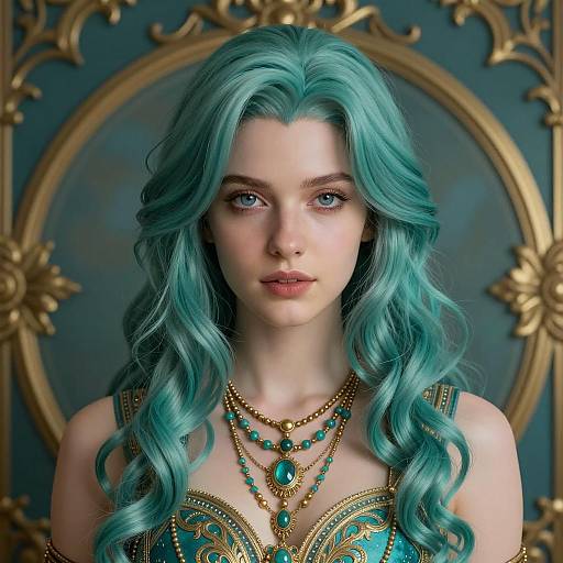 Young Woman with Turquoise Hair and Ornate Jewelry