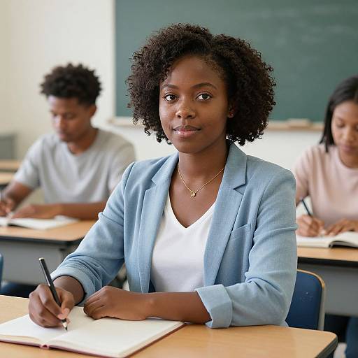 Photograph of a Black woman with natural curly hair, wearing a light blue blazer and white top, writing in a classroom. Blurred classmates in