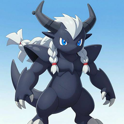 Digital drawing of a muscular, black, dragon-like creature with blue eyes, white hair braids, and large horns, standing against a blue gradient background