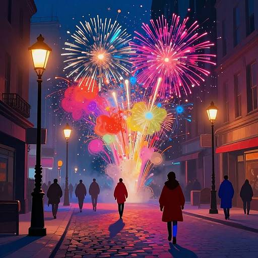 Photograph of a nighttime city street illuminated by colorful fireworks, with silhouetted people in winter clothes walking on cobblestone, street lamps glowing