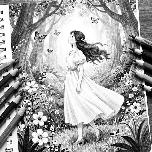 Black-and-white digital illustration of a long-haired woman in a flowing dress, surrounded by butterflies and flowers in a sunlit forest.