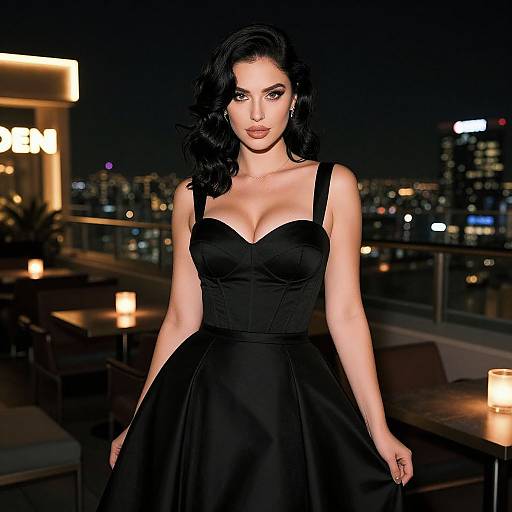 Photograph of a dark-haired woman with fair skin, wearing a black strapless, sweetheart neckline dress, standing on a rooftop at night with city lights