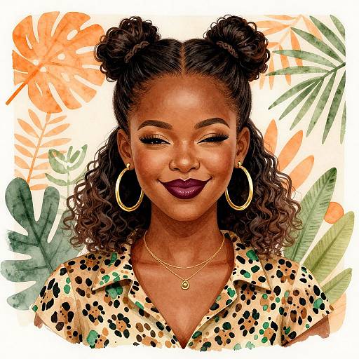 Digital illustration of a smiling African woman with dark skin, curly hair in two buns, wearing a leopard print shirt, gold hoop earrings, and necklace