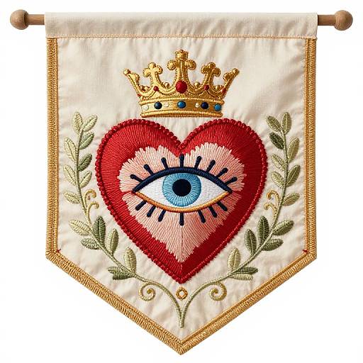 Embroidered banner with red heart, blue eye, black eyelashes, gold crown, and green laurel leaves on white fabric.
