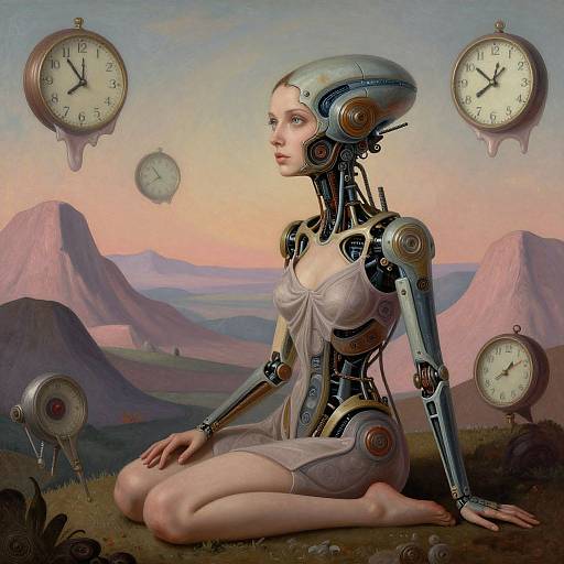 Digital art of a futuristic, cybernetic woman with mechanical head, seated on grass, surrounded by floating clocks, against a mountain landscape.