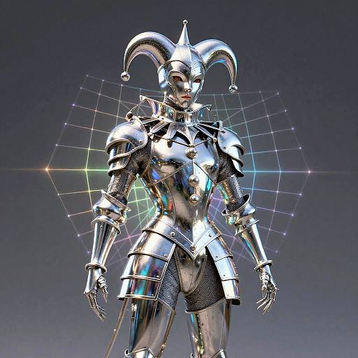 CGI image of a shiny, metallic, jester-like robot with jester hat, armor, and glowing grid background, standing confidently.