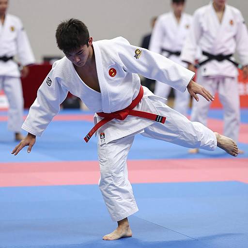 Young Judo Practitioner Balancing Mid-Action