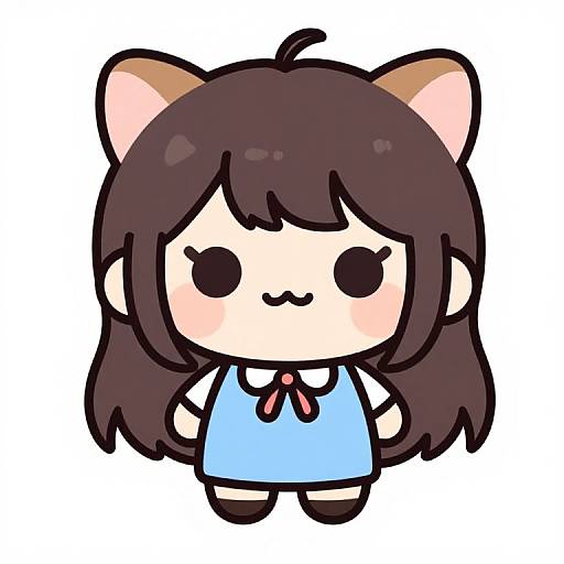 Chibi-style digital drawing of a cute, brown-haired anime girl with cat ears, wearing a blue dress and red bow, smiling with black eyes.