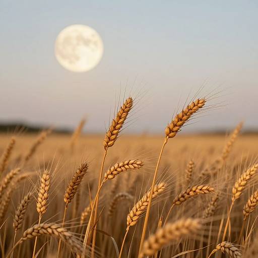 Photograph of a golden wheat field at sunset, with the bright sun partially visible in a clear blue sky, illuminating tall, ripe wheat stalks