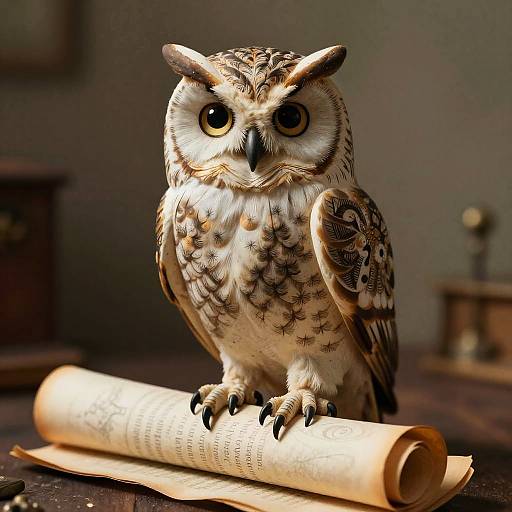 Photograph of a detailed, realistic owl with brown and white feathers, large yellow eyes, perched on a rolled-up paper in a dimly lit