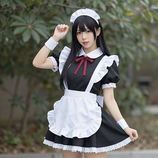 Photograph of an Asian woman with long black hair in a black and white French maid outfit, red ribbon, lace trim, standing outdoors with green foliage