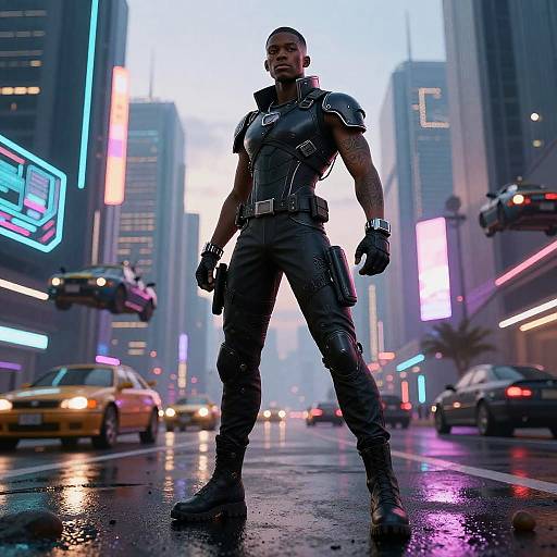 Photorealistic CGI of a muscular Black man in black tactical armor standing confidently in a neon-lit, rainy urban street. Cars and glowing billboards